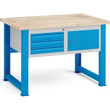 Dílenský stůl Kovona Dílenský stůl KOVONA, závěsná skříňka a 3 zásuvky na nářadí, nízké, buková spárovka, pevné nohy, 1200 mm