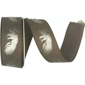 Stuha Stuha bavlněná FEATHER SILVER šedá 25mm x 2m (7,-Kč/m) (Stuha bavlněná, pastelově hnědá, jednostranný stříbrný potisk)