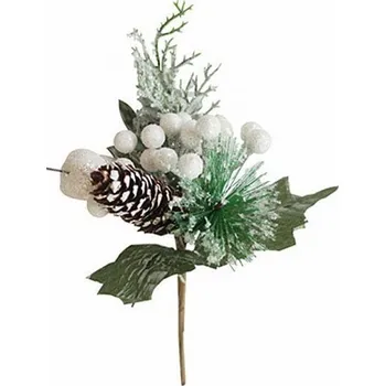 Vánoční dekorace Dekorace - Větvička s šiškou bílá, 21cm