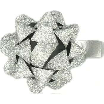 Stuha Rozeta dárková GLAMOUR stříbrná glitrová 5cm (Rozeta dárková, glitrová stříbrná, malá 5cm, samolepící)
