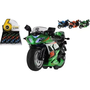Hračka Teddies Motorka závodní kov/plast na zpětné natažení 12cm na baterie se světlem, zvukem 3 barvy 12ks v boxu