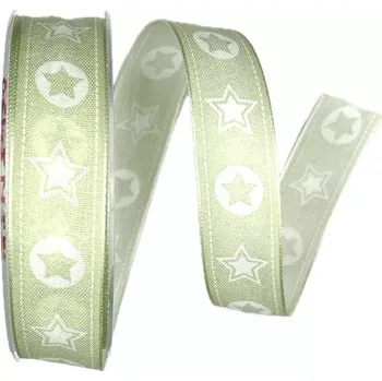 Stuha Vánoční bavlněná stuha STARS pastelově zelená 25mm x 20m (3,50Kč/m) (Vánoční stuha bavlněná, jednostranný potisk, s vlascem v lemu)