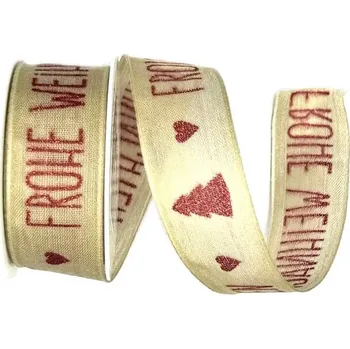 Stuha Vánoční taftová stuha Veselé Vánoce krémová 25mm x 2m (3,-Kč/m) (Vánoční stuha taftová, oboustranný potisk, s drátkem v lemu)