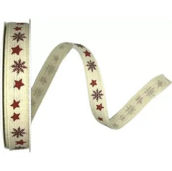Stuha Vánoční stuha lněná STARS AND SNOWFLOKES bílá 15mm x 20m (5,50 Kč/m) (Stuha vánoční, lněná, krémová, jednostranný červený potisk )