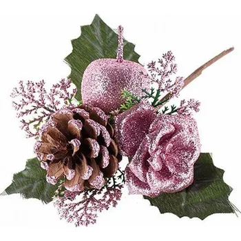 Vánoční dekorace Dekorace - Větvička s jablkem, růžová 16cm