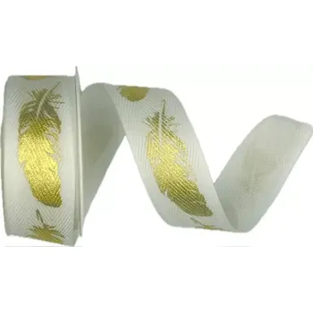Stuha Stuha bavlněná FEATHER GOLD bílá 25mm x 2m (7,-Kč/m) (Stuha bavlněná, bílá, jednostranný zlatý potisk)