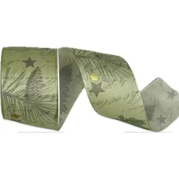 Stuha Stuha vánoční taftová FROZEN FOREST MINT pastelově zelená 40mm x 2m (7,50Kč/m) (Vánoční taftová stuha, jednostranný potisk, motiv stromky a šišky, s vlascem v lemu)