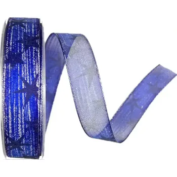 Stuha Vánoční organzová stuha ORGANDY STARS BLUE 25mm x 20m (6,-Kč/m) (Vánoční organzová stuha, oboustranná, potisk s glitrovým efektem,s vetkaným vlascem)