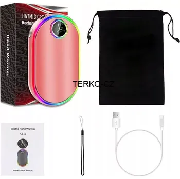 Powerbanka Elektrický kapesní růžový luminiscenční ohřívač rukou - powerbanka 10000 mAh, 3 stupně vyhřívání, displej, 197g (porty USB: A + C + micro)