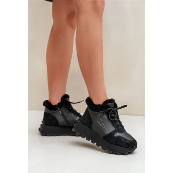 Dámské tenisky Kožené Sneakersy Trapery Dámské S Kožíškem Na Platformě Big Star OO274A330 Barva: Černá, Velikost: 38