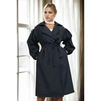 40345 Dewberry Belted Balloon Sleeve Women Trenchcoat-BLACK dewberry černá 3111701