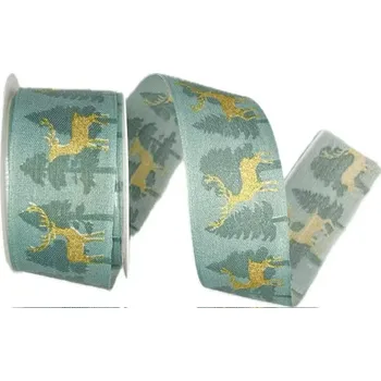 Stuha Vánoční bavlněná stuha CHRISTMAS DEER MINT 40mm x 2m (14,-Kč/m) (Vánoční stuha bavlněná, jednostranný potisk, s vlascem v lemu)