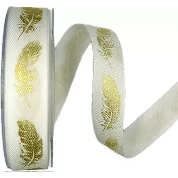 Stuha Vánoční stuha bavlněná FEATHER GOLD bílá 25mm x 20m (8,-Kč/m) (Stuha bavlněná, bílá, jednostranný zlatý potisk)