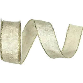 Stuha Vánoční stuha saténová krémová NOBLESSE 25mm x 2m (11,-Kč/m) (Vánoční stuha saténová, zlatý okraj, jednostranný potisk, s drátkem)
