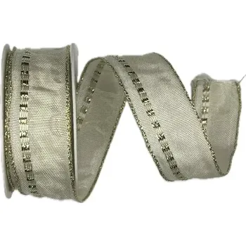 Stuha Vánoční stuha saténová ELEGANCE GOLD I krémová 25mm x 2m (12,-Kč/m) (Vánoční stuha saténová, se zlatými prvky, krémová, s drátkem v lemu)