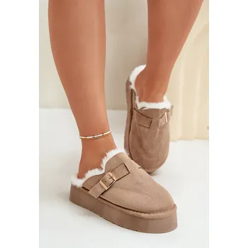 Dámské pantofle FK1 Dámské pantofle na silné podrážce s kožíškem a sponou tmavě béžové Linneola Boto hnědá 3083023