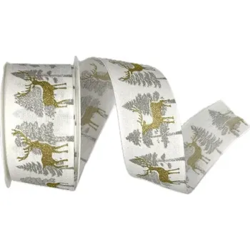 Stuha Vánoční bavlněná stuha CHRISTMAS DEER WHITE 40mm x 2m (14,-Kč/m) (Vánoční stuha bílá, bavlněná, jednostranný potisk, s vlascem v lemu)