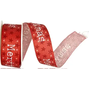 Stuha Vánoční stuha X-MAS STARS červená 25mm x 2m (5,-Kč/m) (Vánoční látková stuha, červená, jednostranný bílý potisk, s vlascem v lemu)