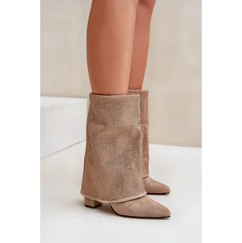 Dámské kozačky Ozdobené Lesklé Botky S Otočeným Svrškem Na Podpatku Zateplené Xistaria Barva: Béžová, Velikost: 41