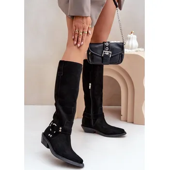 Dámské kozačky Semišové Kozačky Kovbojky Na Nízkém Podpatku S Dekorací Zazoo 3656 Barva: Černá, Velikost: 39