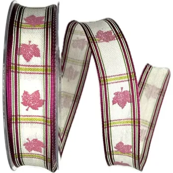 Stuha POSLEDNÍ KUSY! Látková stuha Autumn Leaves Line – Pink 25mm x 20m (4,- Kč/m) (Stuha látková, jednostranný potisk listy, s drátkem v obou okrajích)