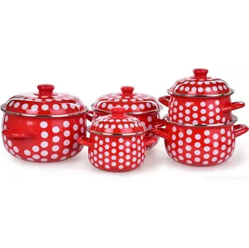 Sada nádobí 10 dílná sada smaltovaných silnostěnných hrnců s poklicemi, červené s puntíky