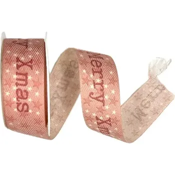 Stuha Vánoční stuha X-MAS STARS pastelově růžová 25mm x 2m (5,-Kč/m) (Vánoční látková stuha, pastelově růžová, jednostranný bílý potisk, s vlascem v lemu)