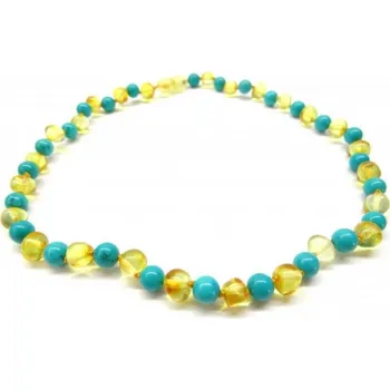 Náhrdelník Prosperk Jantarové korálky pro větší děti - jantar a tyrkys 38cm S2433