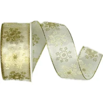 Stuha Stuha vánoční organzová Golden Crystal Snow zlatá 25mm x 2m (13,-Kč/m) (Vánoční stuha organzová, krémová, transparentní, oboulící, potisk zlaté vločky, s drátkem)