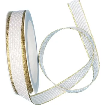 Stuha Stuha tkaná Luxe Shine – White bílá 15mm x 4m (8,-Kč/m) (Stuha tkaná, bavlněná, oboulící, zlatá hrana)