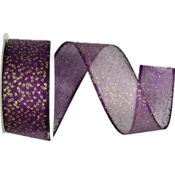Stuha Stuha organzová VIVA PURPLE zlatý potisk 25mm x 2m (13,-Kč/m) (Stuha organzová, fialová, transparentní, potisk zlaté puntíky, s vlascem v lemu)