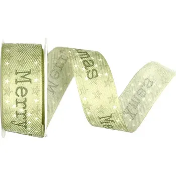 Stuha Vánoční stuha X-MAS STARS pastelově zelená 25mm x 2m (5,-Kč/m) (Vánoční látková stuha, pastelově zelená, jednostranný bílý potisk, s vlascem v lemu)