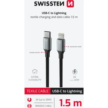 Napájecí kabel Swissten Datový Kabel Textile Ii USB-C / Lightning, 1.5m - černá