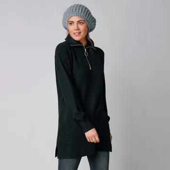 Dámský svetr Dlouhý pulovr se stojáčkem na zip černá 34/36