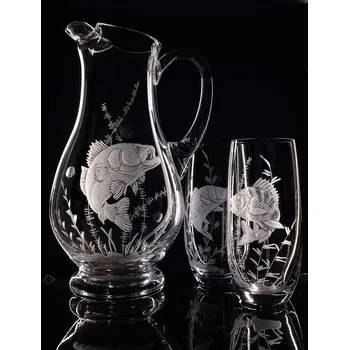 Sklenice džbán 1,5l + sklenice 2 ks Club 350ml na pivo s rytinou ryb - ručně ryté (broušené) dárek pro rybáře