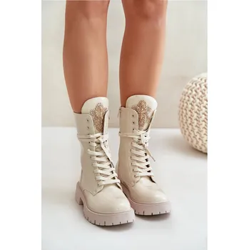 Dámské kozačky Lakované Zateplené Botky Worker S Ozdobou Kelilea Barva: Béžová, Velikost: 40