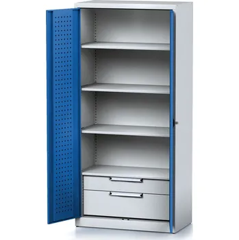 Alfa 3 Policová dílenská skříň 2-dveřová MECHANIC, 3 police, 2 zásuvky, 920 x 500 x 1950 mm, modré dveře