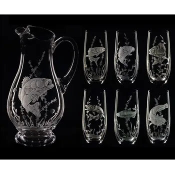 Sklenice džbán 1,5l + sklenice 6 ks Club 350ml na pivo s rytinou ryb - ručně ryté (broušené) dárek pro rybáře