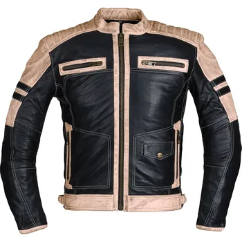 Moto bunda W-TEC Pánská kožená bunda Esbiker černá s béžovými pruhy - M