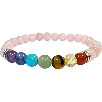 Drahý kámen Mani Bhadra Mani Bhadra Náramek s drahými čakrovými kameny 7 Chakra a kameny Růženín (korálky Ø cca 6 mm)