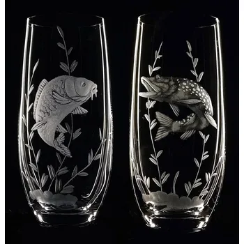 Sklenice sklenky na pivo nebo vodu club 350ml 2 ks s rytinou ryb (kapr, štika) - ručně ryté (broušené) dárková krabička, dárek pro rybáře