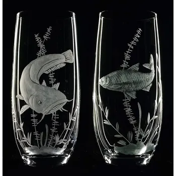 Sklenice sklenky na pivo nebo vodu club 350ml 2 ks s rytinou ryb (sumec, síh) - ručně ryté (broušené) dárková krabička, dárek pro rybáře