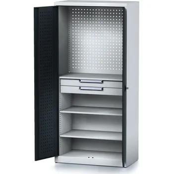 Alfa 3 Policová dílenská skříň 2-dveřová MECHANIC, 2 police, 2 zásuvky, 920 x 500 x 1950 mm, antracitové dveře