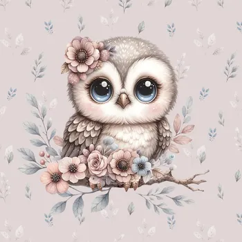 Teplákovina Okatá sovička na větvi, panel (E) (Panely a ladící metráž)