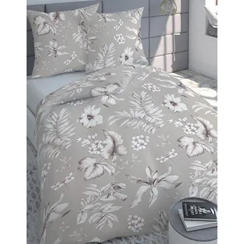 Povlečení Bavlněné saténové povlečení 140x200 + 70x90 - 450 květy listy béžové