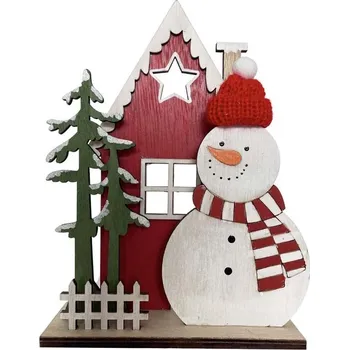 Vánoční dekorace Dekorace dřevo 150x200mm sněhulák s domečkem na postavení bílá