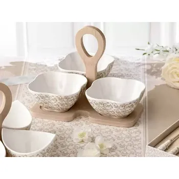 Talíř Sada 3 kusů mističek z porcelánu s podporou v přírodním bambusu RICCIOLO DI FATA BRANDANI (barva - bílá/černá/hnědá, porcelán,bambus)