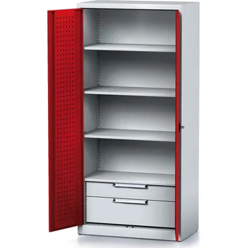 Alfa 3 Policová dílenská skříň 2-dveřová MECHANIC, 3 police, 2 zásuvky, 920 x 500 x 1950 mm, červené dveře