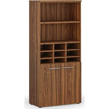 Policová skříň B2B Partner Třídicí regál s dveřmi PRIMO WOOD, 800 x 420 x 1781 mm, 9 přihrádek, ořech