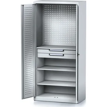 Alfa 3 Policová dílenská skříň 2-dveřová MECHANIC, 2 police, 2 zásuvky, 920 x 500 x 1950 mm, šedé dveře